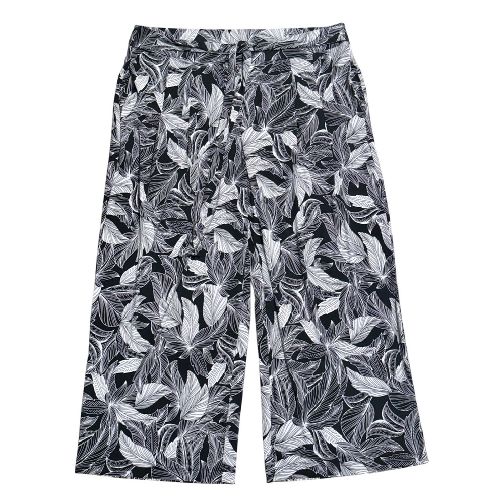 Lane Bryant Black White Leaf Print Wide Leg Pants Plus Size 18/20 Belted Stretch